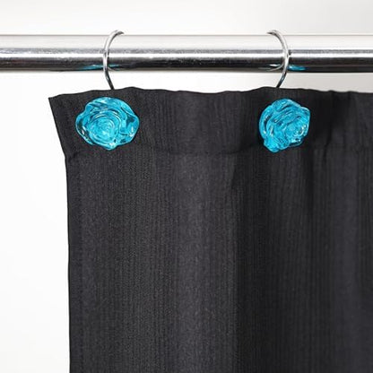 Teal Blue Rose Shower Curtain Hooks: Turquoise Aqua Flower Rings, 12Pcs