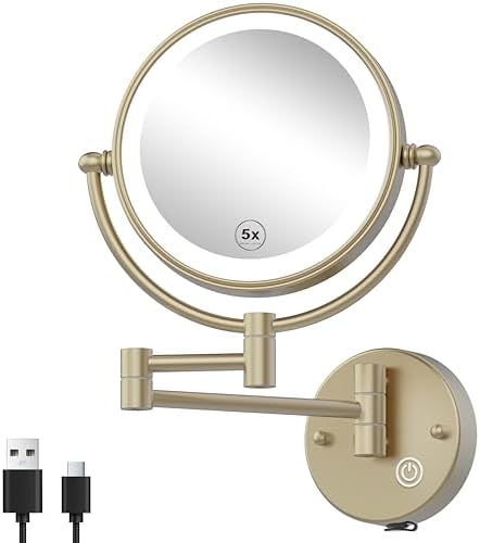 8" Rechargeable Brass Wall Mounted Magnifying Mirror with Lights, 1X/5X Cordless Double Sided 3-Colors LED Touch Dimmable Extended 360 Rotation Vanity Mirror for Bathroom, Satin Brushed Gold
