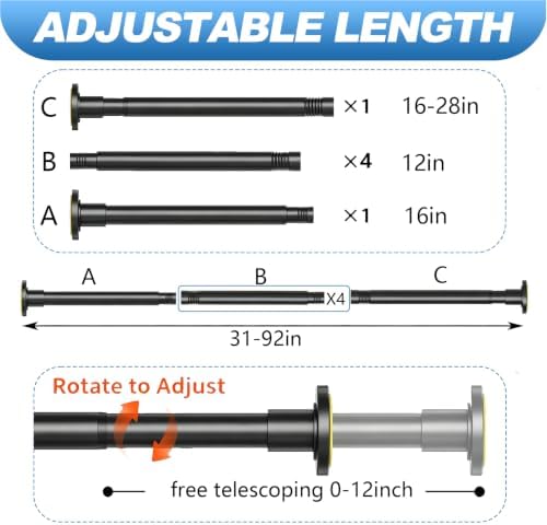 CorkLatta Black Shower Curtain Rod 31 to 92 Inch,1 Inch Diameter Adjustable Spring Tension Stainless Steel Telescoping Rod,Easy Install,No Rust