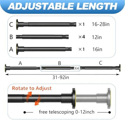 CorkLatta Black Shower Curtain Rod 31 to 92 Inch,1 Inch Diameter Adjustable Spring Tension Stainless Steel Telescoping Rod,Easy Install,No Rust