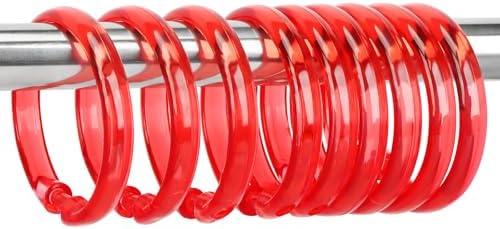 Red Shower Curtain Hooks - 12 Pcs Circular Plastic Shower Curtain Rings for Bathroom - O Shaped Transparent Red Shower Hooks Rings for Shower Curtain Rod