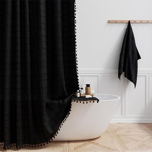 BTTN Stall Boho Farmhouse Linen Heavy Duty Shower Curtain Set, 36x72, Black