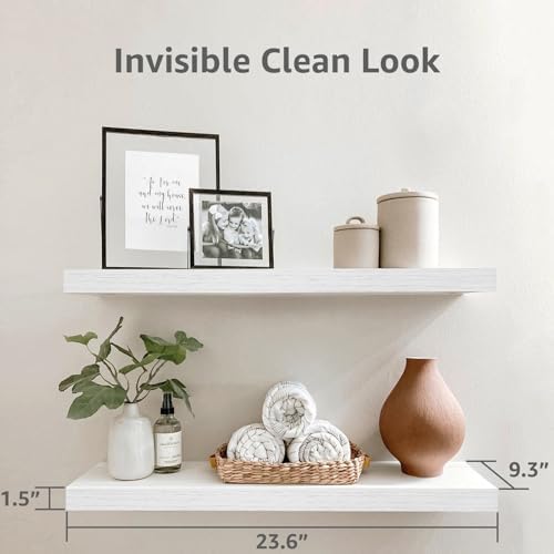 QEEIG Floating Shelves for Wall 23.6" Long - Wall Mounted Shelf Bathroom Kitchen Living Room Bedroom Farmhouse Home Decor Display Bookshelf Large 23.6 x 9.3 inch Set of 2, White (008-60W)