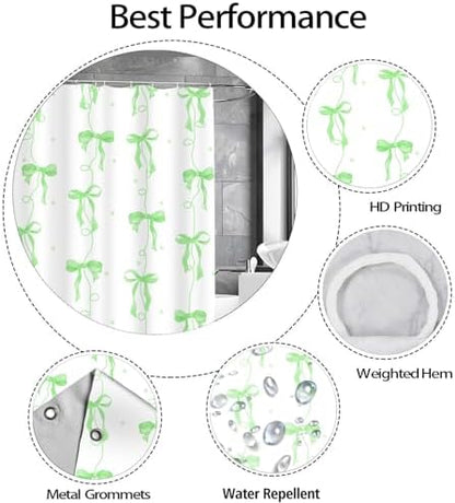 Bow Shower Curtain for Bathroom, Teen Girls Theme, Green, 72x72 Inches