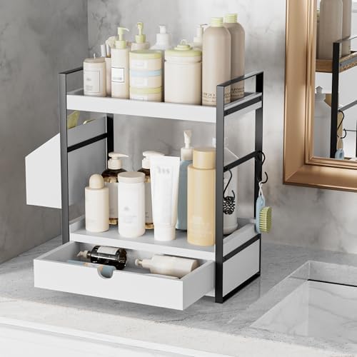 2-Tier Bathroom Counter Organizer, Wooden Vanity Shelf with Drawer & Basket