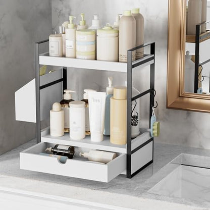2-Tier Bathroom Counter Organizer, Wooden Vanity Shelf with Drawer & Basket
