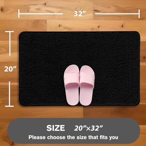 Black Bathroom Rug – Absorbent and Washable Bath Mat, Non-Slip, Thick Soft Chenille Bath Rugs for Bathroom, Kitchen, Shower, Sink - 20" x 32"