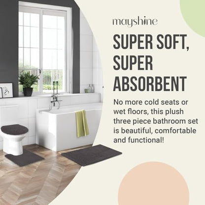 Standard 3pc Set Chenille Bath Mats, Includes 21"x24" U-Shaped Contour Toilet Rug, 21"x34" Inches Bathmat and 1 Toilet Lid Cover, Plush Absorbent Bath Mats Quick Dry, Chocolate Brown
