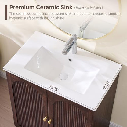 IFBUY 30 Inch Arched Bathroom Vanity with Sink, Fluted Design, Dark Walnut