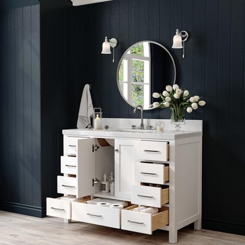 ARIEL Cambridge 48-inch Bathroom Vanity with Sink,Solid Wood, 1.5-inch Carrara White Quartz Countertop, Single Rectangular Porcelain Sink, 2 Soft Closing Doors, 9 Dovetail Drawers, White
