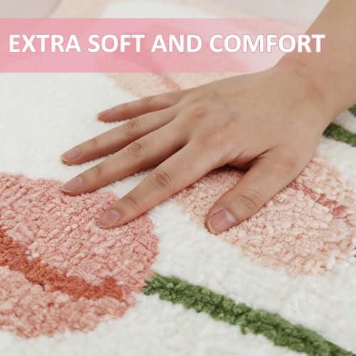 Tulip Flower U-Shaped Toilet Mat, Romantic Floral Non-Slip Bath Rug with Wave Edge Design, Soft Absorbent Microfiber Floor Mat for Toilet Base, Machine Washable Bathroom Decor (U-Shaped Pink)