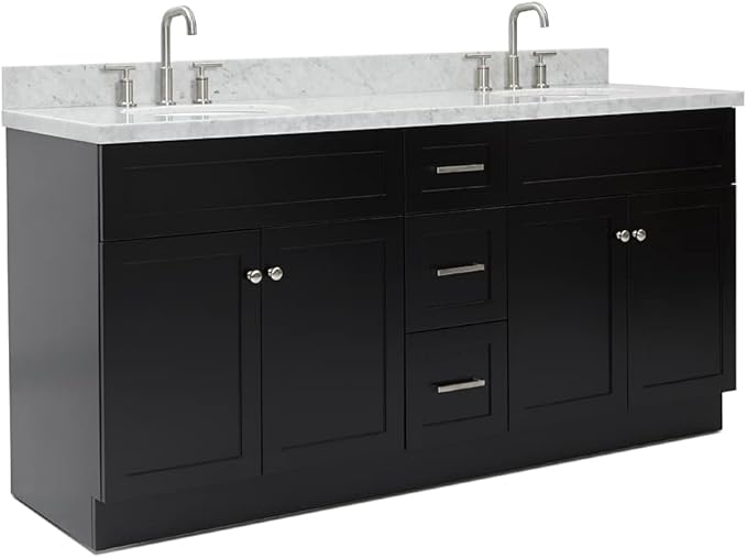 ARIEL Hamlet 72-inch Bathroom Vanity with Sink,Solid Wood, 1.5-inch Italian Carrara Marble Countertop, Double Rectangular Porcelain Sink, 4 Soft Closing Doors, 3 Dovetail Drawers, Black