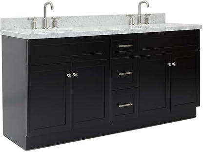 ARIEL Hamlet 72-inch Bathroom Vanity with Sink,Solid Wood, 1.5-inch Italian Carrara Marble Countertop, Double Rectangular Porcelain Sink, 4 Soft Closing Doors, 3 Dovetail Drawers, Black