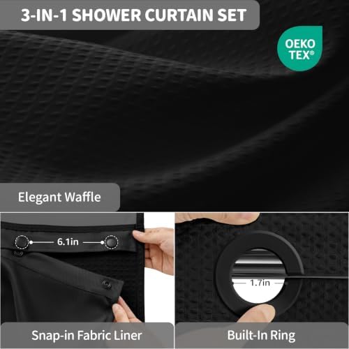 Dynamene Black Hook Free Waffle Shower Curtain & Snap-in Fabric Liner,72x83