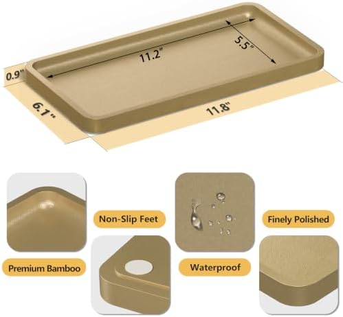 Weenson Gold Bathroom Vanity Tray for Countertop Perfume Makeup Jewelry Decor Candle, Bamboo Kitchen Tray for Soap Dispenser Spice Coffee, Toilet Tank Tray 11.81”L x 6.1”W x 0.79”H