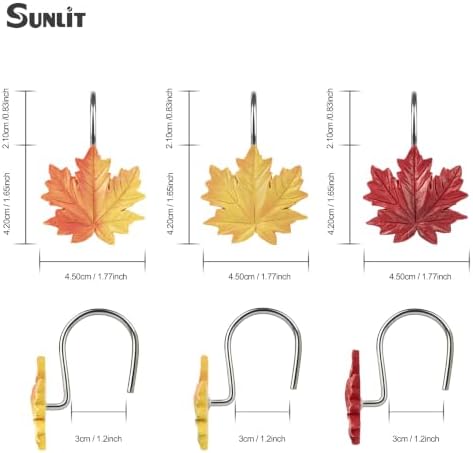 Sunlit Maple Leaf Shower Curtain Hooks, Yellow Orange Red Gradient Fall Autumn Shower Curtain Rings for Bathroom, Decorative Resin Maple Leaves Curtain Hangers, Bath Accessories, Set of 12