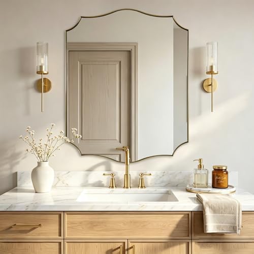 ANDY STAR 24"x30" Vanity Mirror, Gold Bathroom Mirror for Over Sink, Champagne Bronze Mirror in Rustproof Stainless Steel Frame, Elegant Curved Scallop Design, Ideal for Bathroom, Powder Room