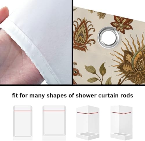 Boho Chic Beige Floral Shower Curtain, Vintage Rustic Antique Victorian Peacock Paisley Farmhouse Shower Curtain Set, Witchy Aesthetic Retro Bath Curtains Bathroom Accessories with Hooks,72X72 Cream