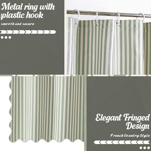 HunnmingRe Sage Green Farmhouse Striped Shower Curtain Scalloped 72x72''