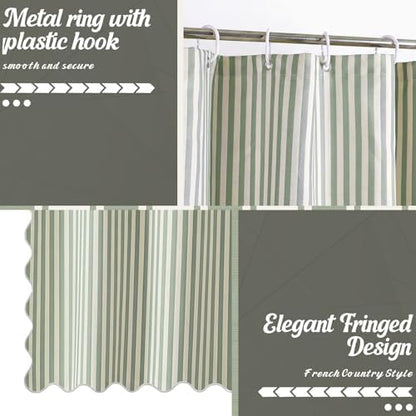 HunnmingRe Sage Green Farmhouse Striped Shower Curtain Scalloped 72x72''