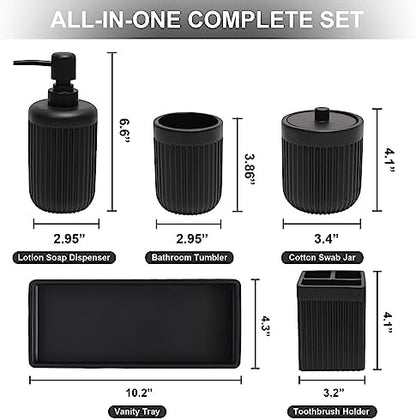 XLHOMO Resin Matte Black Bathroom Accessories Set 5 Pcs, Lotion Soap Dispenser, Toothbrush Holder, Bathroom Tumbler, Qtip Holder and Vanity Tray, Bathroom Countertop Organizer Set for Home Apartment