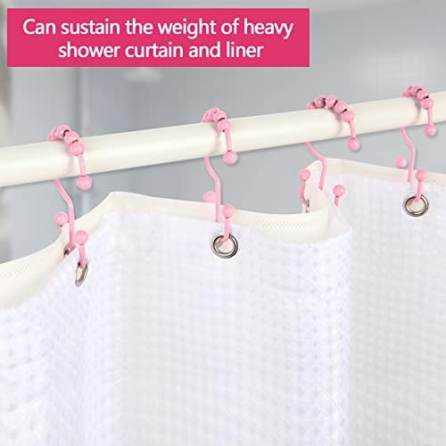 Shower Curtain Hooks,304 Stainless Steel Shower Rings for Bathroom,Double Glide Shower Hooks for Bathroom Shower Curtain Rods Curtains,Set of 12 Hooks,Light Pink（Shower Curtain Hooks Style A ）
