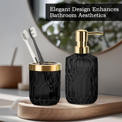 RRM Glass Bathroom Toothbrush Holder and Soap Dispenser Set,Black Gold