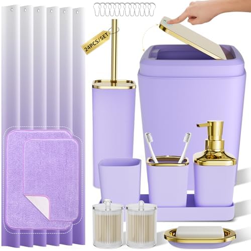 XLHOMO Bathroom Accessory Set - 24PCS Luxury Bathroom Accessories Set, Bathroom Sets with Shower Curtain and Rugs, Purple Bathroom Set with Trash Can, Toothbrush Holder & Soap Dispenser for Home Decor