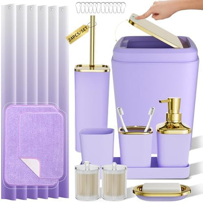 XLHOMO Bathroom Accessory Set - 24PCS Luxury Bathroom Accessories Set, Bathroom Sets with Shower Curtain and Rugs, Purple Bathroom Set with Trash Can, Toothbrush Holder & Soap Dispenser for Home Decor
