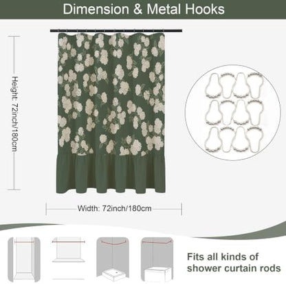 ORTIGIA Linen Textured Ruffle Shower Curtain with Metal Hooks, Vintage Dark Green Hydrangea Floral Boho Waterproof Bath Curtain for Rustic Farmhouse Bathroom Decor 72x72 Inch