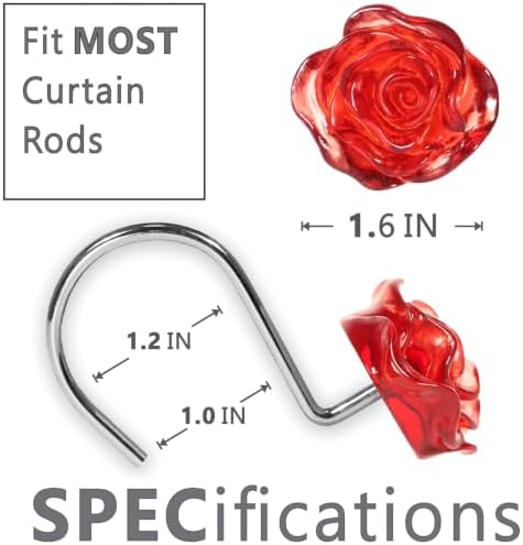 Red Rose Shower Curtain Hooks: Cute Flower Bathroom Curtain Rings, 12Pcs