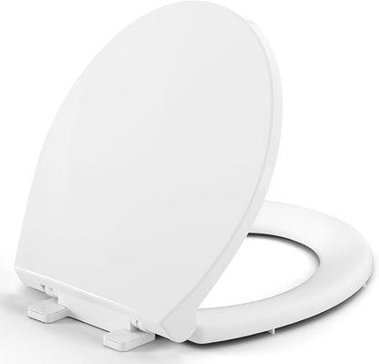 Round Toilet Seat, Standard 16.5” Slow/Soft Close Round Toilet Seat for Round Toilets, No-Slam Quiet-Close Lid, Easy-to-Install, White, Durable Never-Loosen Design