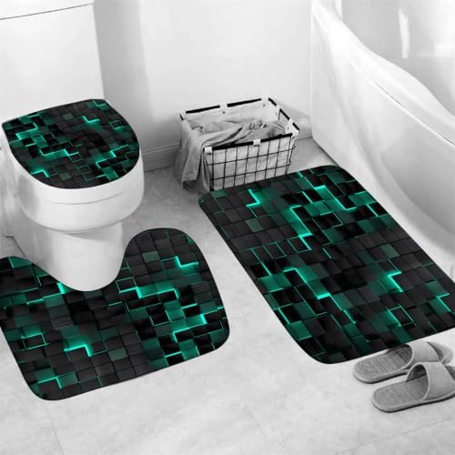 LQCOOL 4Pcs Green Shower Curtain Set 3D Cubes Bathroom Sets Modern Shower Curtain Set for Bathroom Sets with Rugs Black and Green Shower Curtain with 12 Hooks