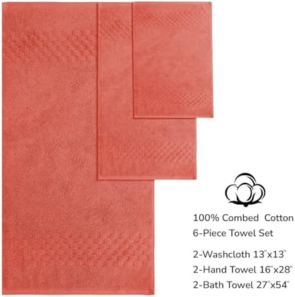 Feather & Stitch 100% Cotton 625 GSM Bath Towel Set of 6, Ultra Soft Highly Absorbent 2 Bath Towels, 2 Hand Towels & 2 Washcloth - Luxury Quick Dry Shower Towels (Coral)