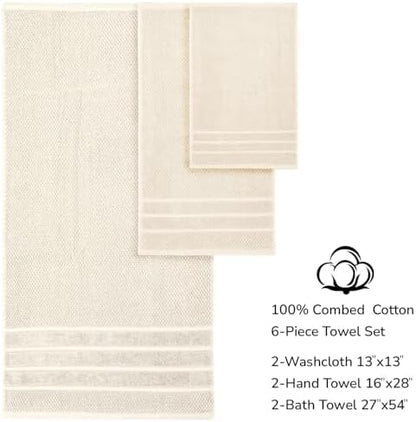 Feather & Stitch 100% Cotton 625 GSM Bath Towel Set of 6, Ultra Soft Highly Absorbent 2 Bath Towels, 2 Hand Towels & 2 Washcloth - Luxury Quick Dry Shower Towels (Ivory)
