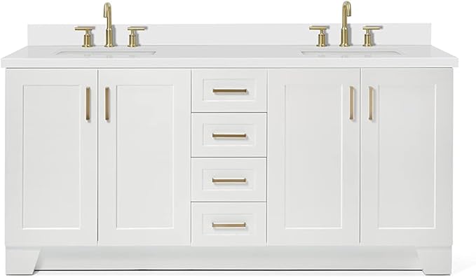 ARIEL Taylor 72-inch Bathroom Vanity with Sink,Solid Wood, 1.5-inch Pure White Quartz Countertop & Backsplash, Double Rectangular Porcelain Sink, 4 Soft Closing Doors, 6 Dovetail Drawers, White