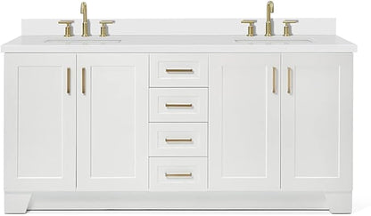 ARIEL Taylor 72-inch Bathroom Vanity with Sink,Solid Wood, 1.5-inch Pure White Quartz Countertop & Backsplash, Double Rectangular Porcelain Sink, 4 Soft Closing Doors, 6 Dovetail Drawers, White