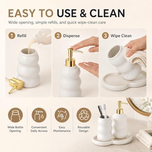 3-Piece Ceramic Bathroom Accessories Set with Sand Point Glaze Design - Tray, Lotion Dispenser, and Tumbler - Bring Nature to Your Bath