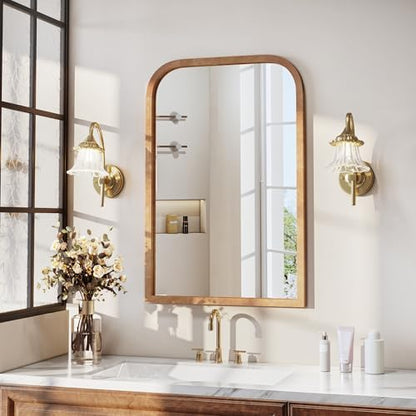 36"x24" Arched Wood Bathroom Mirror - Handcrafted Modern Farmhouse Bathroom Mirror with Tempered Glass&Natural Wood Frame, Anti-Fog Decorative Vanity Mirror for Bedroom, Living Room, Spa & Home Decor