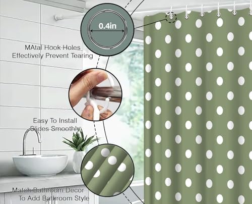 Polka Dot Shower Curtain Sage Green White Retro Spot Vintage Fabric Decorative Bathroom Curtains with Hooks,60" Wx70 H
