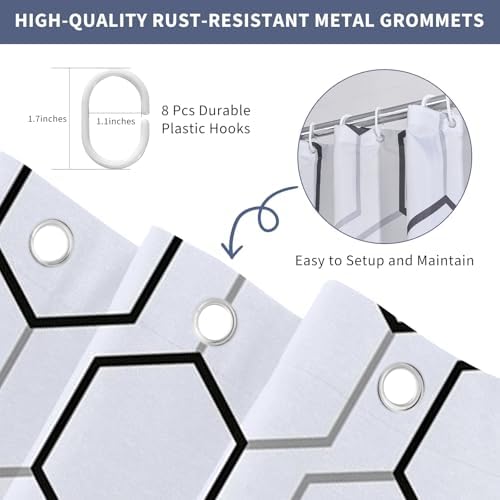 Modern Black and White Hexagon Geometric Shower Curtain, 36"W x 72"L