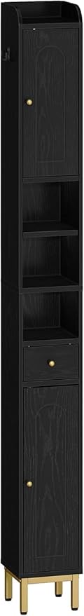 Bathroom Cabinet with Adjustable Shelves, Freestanding Floor Cabinet, Tall Black Bathroom Storage Cabinet, Narrow Toilet Paper Storage, 7.9"D x 7.9"W x 70.9"H