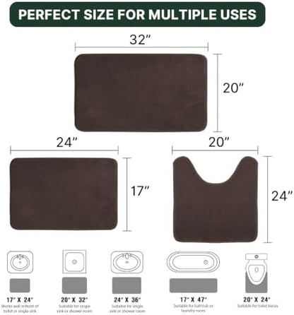 H.VERSAILTEX Bath Mat Memory Foam Set Bathroom Rug Set Flannel Velvety Extra Soft and Absorbent Non Slip Rugs for Bathroom/Bedroom Washable(20"x 32" + 17"x 24" + 20"x 24"U-Shaped, Brown)