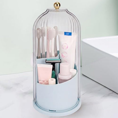 QIYVLOS Toothbrush Holders with Sliding Lid, Rotating 3 Slots Bathroom Organizer Countertop, Tooth Brush Toothpaste Holder Bathroom Counter Stand Sink Organizer Caddy for Makeup Brushes Holder (Blue)
