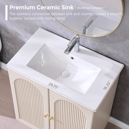 IFBUY 30 Inch Arched Bathroom Vanity with Sink, Modern Fluted Design, Cream
