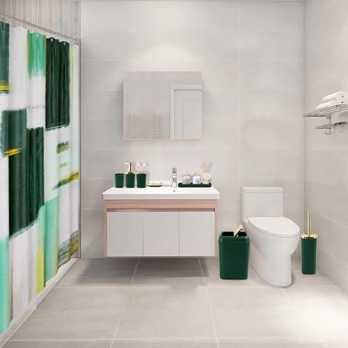 XLHOMO Green and Gold Bathroom Accessories Set, Bathroom Sets with Shower Curtain, Green Bathroom Accessories with Trash Can, Soap Dispenser, Soap Dish, Toilet Brush Holder, Qtip Holders