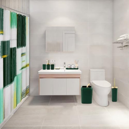 XLHOMO Green and Gold Bathroom Accessories Set, Bathroom Sets with Shower Curtain, Green Bathroom Accessories with Trash Can, Soap Dispenser, Soap Dish, Toilet Brush Holder, Qtip Holders