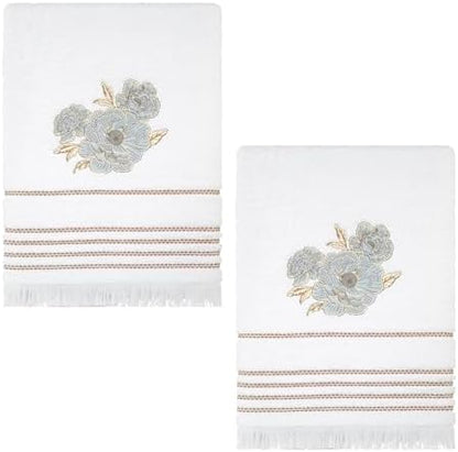 Nicole Miller – Bath Towels, Ringspun Cotton Terry with Embroidered Floral Design, Striped Trim and Brush Fringe Finish, Set of 2 (Camille)