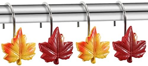 Maple Leaf Shower Curtain Hooks, 12Pcs Thanksgiving Decorative Shower Curtain Hooks, CHICTIE Autumn Fall Leaves Shower Curtain Rings Rustproof for Bathroom Bedroom Room Decor (Red + Yellow)