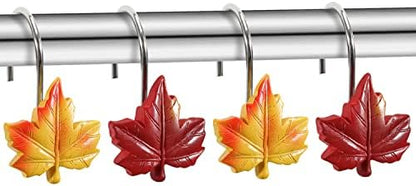 Maple Leaf Shower Curtain Hooks, 12Pcs Thanksgiving Decorative Shower Curtain Hooks, CHICTIE Autumn Fall Leaves Shower Curtain Rings Rustproof for Bathroom Bedroom Room Decor (Red + Yellow)